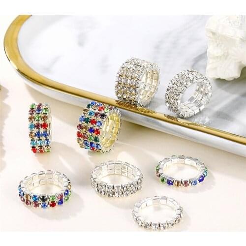 2020 Fashion Silver Plated Elastic Rings for Women Shining Multicolor Crystal Rhinestone Ring Bridal Wedding Jewelry Accessories
