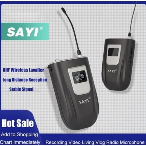 SAYI WM04 UHF Wireless Lavalier Microphone Rechargeable Transmitter with Receiver for Phone DSLR Camera Interview Monitor Music