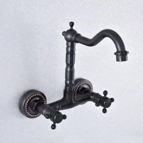 Oil Rubbed Bronze Wall Mounted Basin Faucets Double Handle Dual Hole Bathroom Sink Swivel Faucet Mixer Tap Nsf738