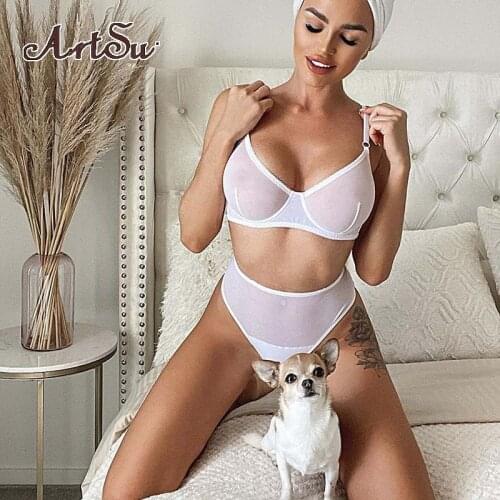 Artsu Push Up Underwire Sexy Lingerie Set Lace Mesh Sheer Bra Underwear Bra and Panty Set Thong High Waist Lingerie