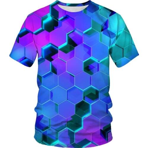2021 summer fashion new color square lattice 3D printing pattern, men. Trendy short-sleeved casual T-shirt clothing