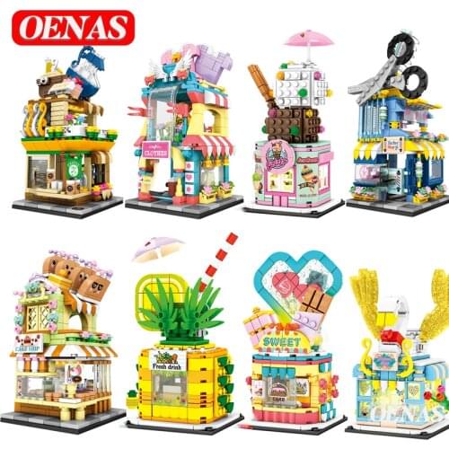 MOC City Mini Street Cake Clothing Coffee Shop Bread Store Model With Light Building Blocks for Children Toy Kids Toys Girl Gift