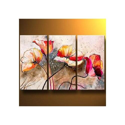 3 Pieces Hand painted oil painting Poppies lashed By The Wind-Modem Canvas Wall Art set