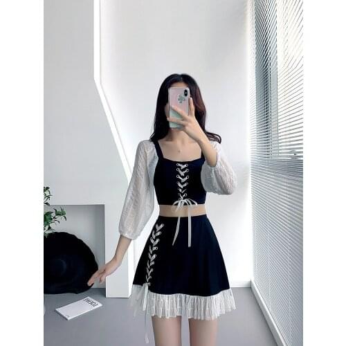 2021 New Korean Style Bikini Set Padded Swimsuit Long Sleeve Swimwear Beach Bath Suit Bandage Two Piece Bathers Swimskirt