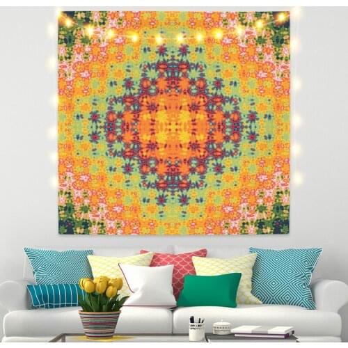 Orange with Green Indian Flower Printing Tapestry Vintage Exotic Summer Plant Nature Frame for Bedroom Photography Wall Decor