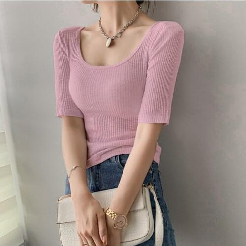 Casual O-neck Short Sleeve Slim T-shirt Women Spring Summer Chic Shoulder Pad Screw Thread Crop Tops Ladies Basic Cotton Tops