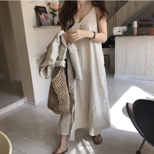 V-Neck Cotton Linen Women Solid Color Sexy Loose Dress Girl Long Strap Skirts Fashion 2021 Summer Cool Ladies Camisole