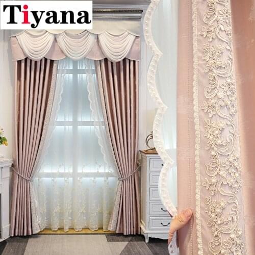 Romatic Lace Embroidered Curtains for Living Room Luxury Pink Blackout Curtains for Bedroom Pink Valance JK236Z