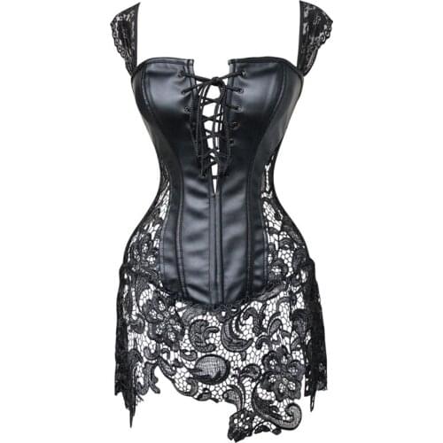 S-6XL Plus Size Sexy Lingerie Women Black Faux Leather Lace Burlesque Steampunk Corset Dress Gothic Bustier Corpet