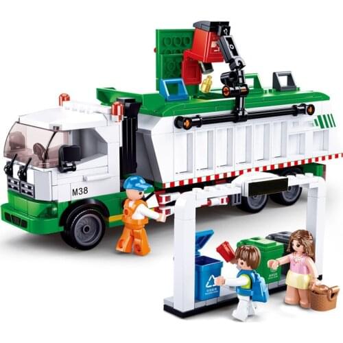 SLUBAN City Garbage Truck Vehicles Street Collector Car Road Building Block Kids Cards Educational Brick Automobile Toy Gifts