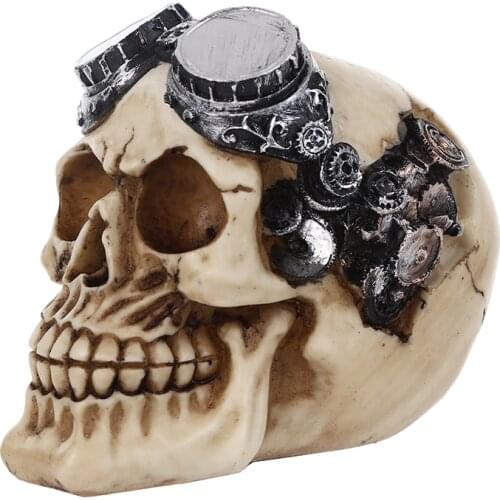 Moquerry Resin Craft Skull Statue Figurine Robotic Skeleton Human Steampunk Skull Pilot with Goggles Sculpture Home Decoration