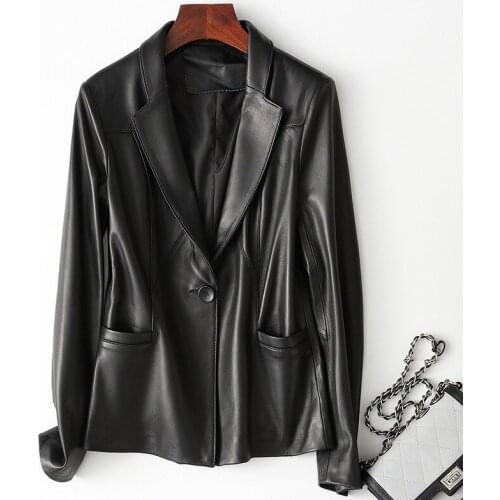 Slim Real Black Jacket Office Lady Single Button Blazer Women Autumn Clothes Casual Soft Sheepskin Genuine Leather Coat