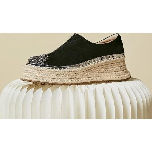 Mezereon Women Loafers Luxury Crystals Espadrilles Med Bottom Platform Casual Shoes Slip On Creepers Genuine Suede Leather