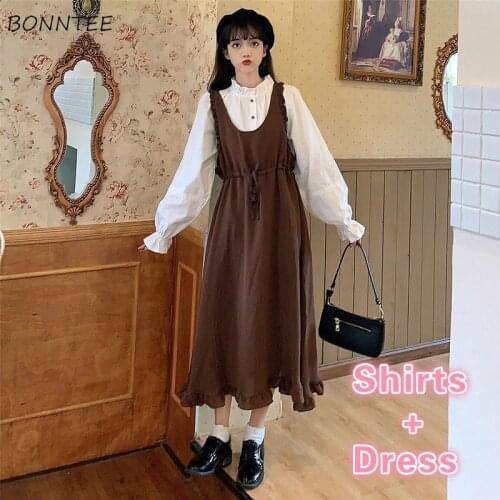 Women Sets Spring New Fashion Solid Ruched Kawaii Petal Sleeve Retro French Style Brown Dresses Empire Lovely Two Piece Students