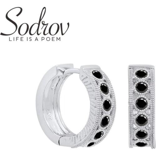 SODROV 2021 New Genuine 925 Sterling Silver Earrings Hoop Earrings for Women Black Spinel Silver 925 Jewelry I182