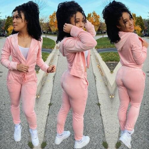 Women 2 Piece Set Velvet Long Sleeve Hooded Zipper Up Crop Top Drawstring Legging Pants Female Casual Streetwear