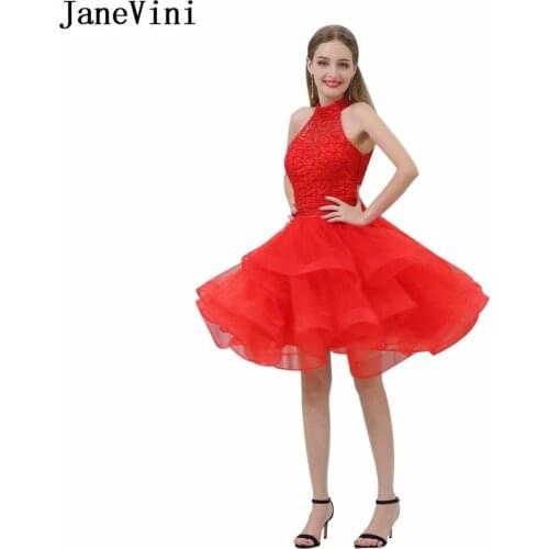 JaneVini 2018 Two Piece Dress Red Beaded Short Homecoming Dresses Organza A Line Ruffles Plus Size Bridesmaid Dress Knee Length