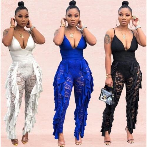 BKLD 2019 Women Soild Lace Spaghetti Strap Jumpsuits Summer New Women Clubwear Sexy Backless Deep V-Neck Ruffles Pants Jumpsuit