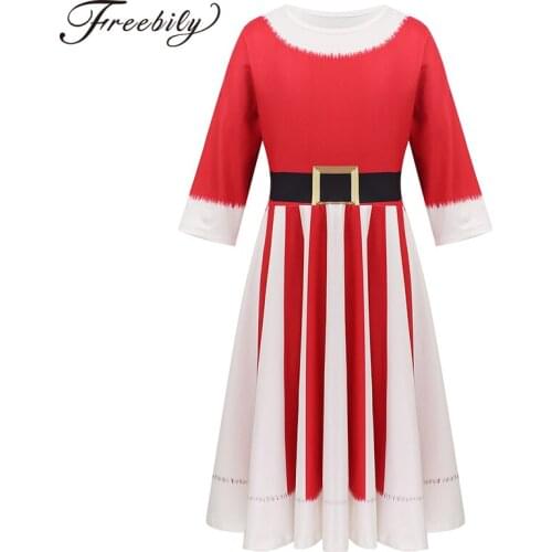 Kids Girls Christmas Xmas Dress Santa Claus Costume 3/4 Sleeves Pull-on Digital Printed Swing Dress Kids Party New Year Costume