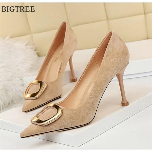 Metal Buckle Elegant Wedding Shoes 2021 Autumn Stiletto Concise Suede Women Shoes Slim Nightclub High-heeled Ladies Office Shoes