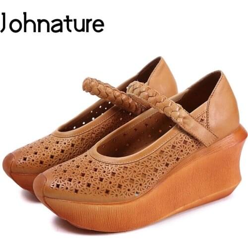 Johnature Genuine Leather Spring/Autumn Platform High Heels Wedges Round Toe Casual Hook & Loop Retro Fashion Women Shoes Pumps