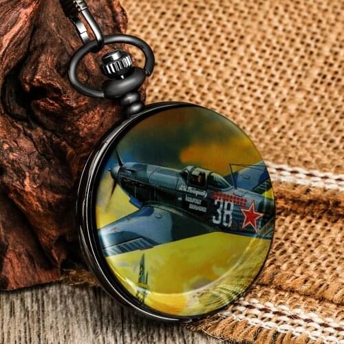 Men Simple Black Quartz Pocket Watch Alloy Case Watch Second World War Personalized Aircraft Thick Chain Pendant Pocket Watch