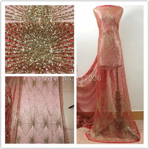 New design glued glitter african lace fabric red mesh gold glitter glued glitter sequins French tulle lace fabric