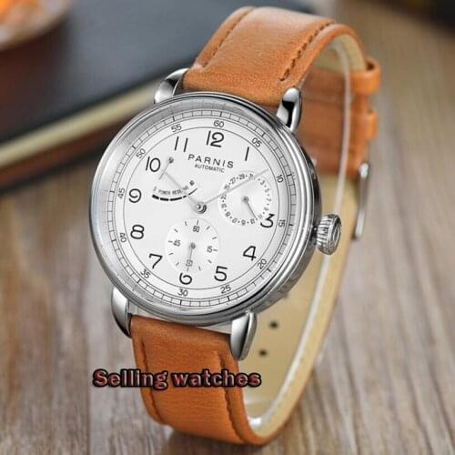 Fashion Parnis 42mm Automatic Mechanical Mens Watch Silver Case Calendar Men Watches