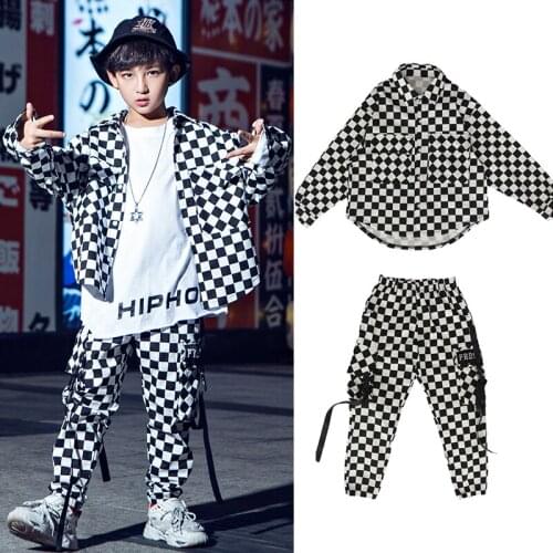 Fashion Hip Hop Dance Costume Loose Plaid Suit Boys Long Sleeves Shirt Street Jazz Clothing Girls Pants Stage Show Wear VDB2527
