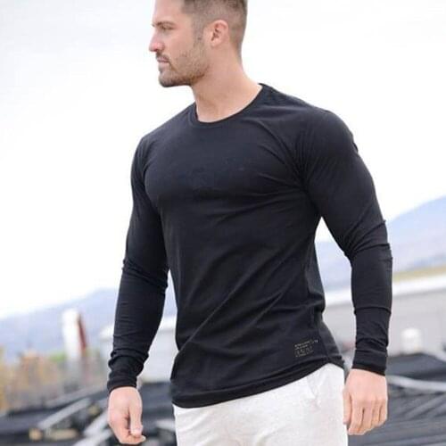 Mens Gym Cotton T-shirt Long Sleeve Fitness Slim Sports Casual Top Stretch Quick-drying Training Suit