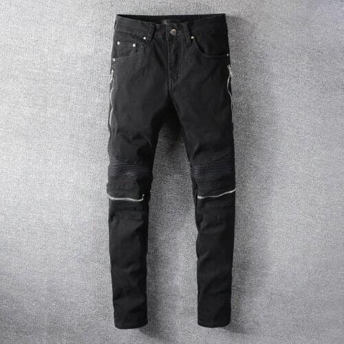 High Street Side Zipper Jeans Men Black Fashion Slim Jeans Trousers For Motor Biker Plus Size Pleated Masculina Jeans Pants