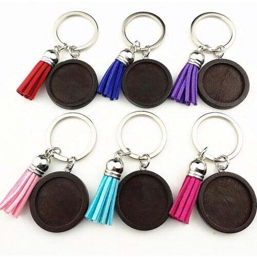 Jiangzimei New 24pcs Leaves 25mm Wood Cabochon Stainless Steel Keychain Blank Wooden pendant with tassels Keyring Wholesale