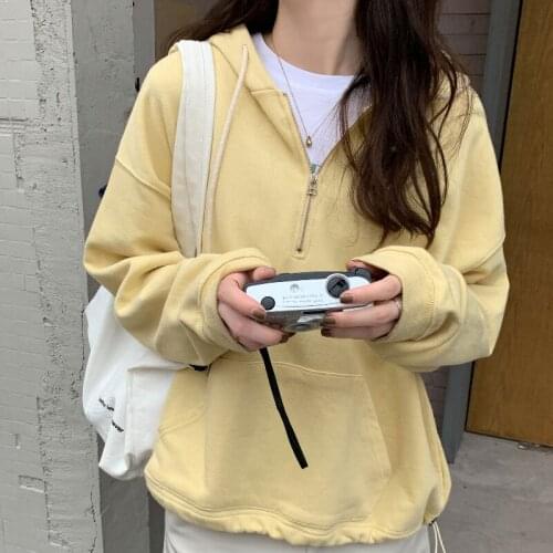 New Korean Zipper Hooded Sweatshirt Women Autumn Winter Drop-shoulder Long Sleeve Loose Pullover Hoodies Female Casual Tops