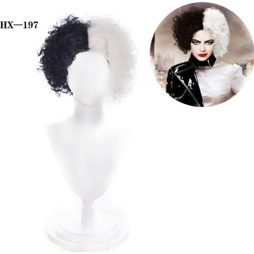 Anime Cruella 101 Dalmatians Half Black White Short Curly Wig Cosplay Synthetic Hair Halloween Party Wigs
