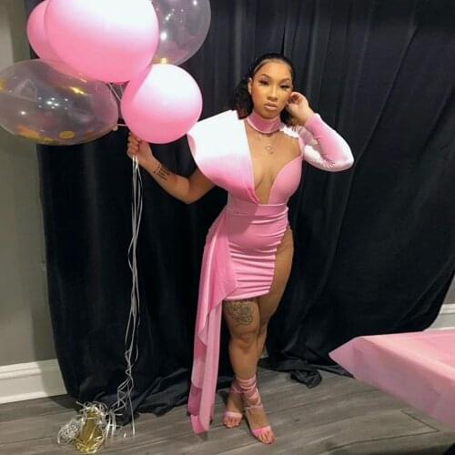 Sexy Mermaid Evening Dresses Short 2021Pink Deep V-Neck Hight Side Split Velour Prom Gown Bodice Long Sleeve Vestidos de fiesta