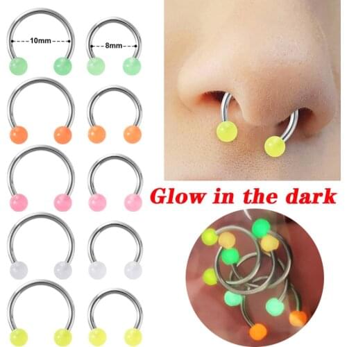 5pcs Nose Piercing Acrylic Glow In The Dark Hoop Septum Ring Luminous Lip Cartilage Earring Circular Ear Horseshoe Body Jewelry