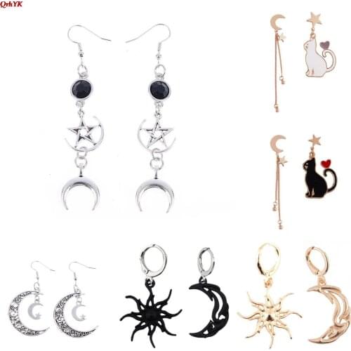 Crescent Goddess Black Birthstone Earrings And Pentagram Witch Moon Earrings Gothic Celestial Jewelry-Sun Jewelry