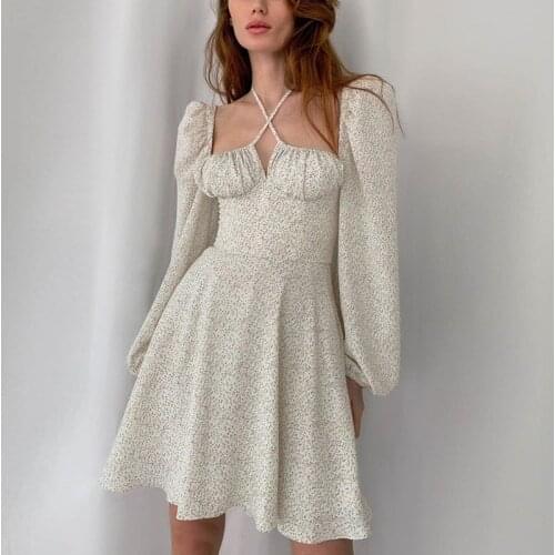 Vacation vintage beach mini Dress for womens 2021 summer retro floral puff sleeve pleated lace fairy dresses female vestidos