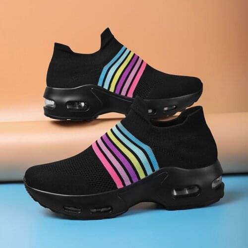 Womens vulcanized shoes casual fashion sneakers light and breathable thick-soled air cushion summer mesh fly woven sports shoes