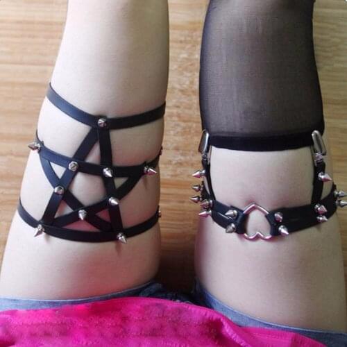 Women Elastic Rock Pub Garter Belt Adjustable Suspender Belt Girls Rivets Harajuku Punk Leg Ring Thigh Harness Heart Garter