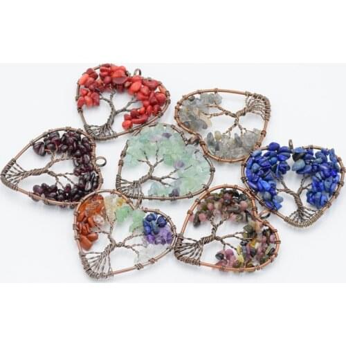 2019 Handmade Copper Wire Tree of Life Necklace Pendants Vintage Heart Women 7 Chakra Reiki Natural Pink Crystal Stone Jewelry