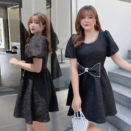 Large size womens new fat MM200 kg Korean version of the bow nail beaded waist princess skirt dress
