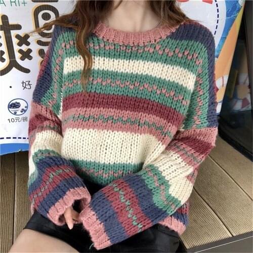Harajuku rainbow winter fashion vintage women funny high street o-neck pullover oversize loose knitted winter sweater female