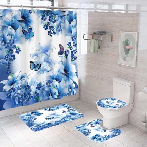 Butterfly Shower Curtain Blue With Non Slip Rug Mat Bathroom Curtain Waterproof Polyester Bathroom Curtain with Hooks Fashion