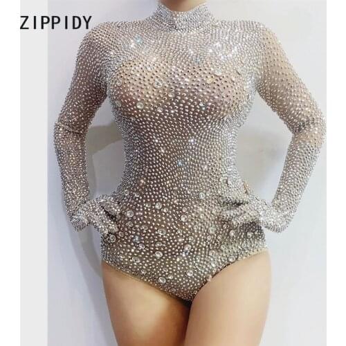 Shining Full Silver Rhinestones Transparent Bodysuit Birthday Celebrate Outfit Prom Female Singer Dance Mesh Clothes