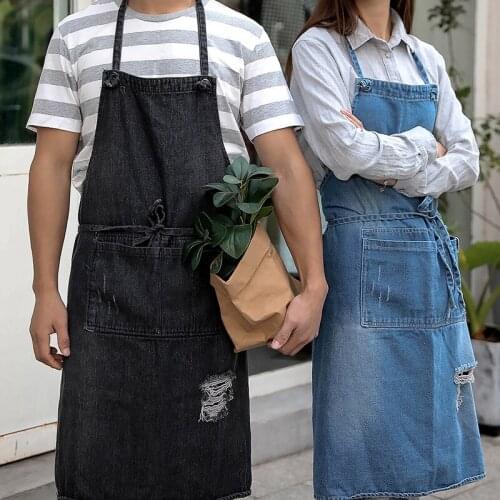 Denim Hanging-neck Apron Sleeveless Apron Dust-proof Overall for Chef Kitchen with Pockets Unisex TT@88