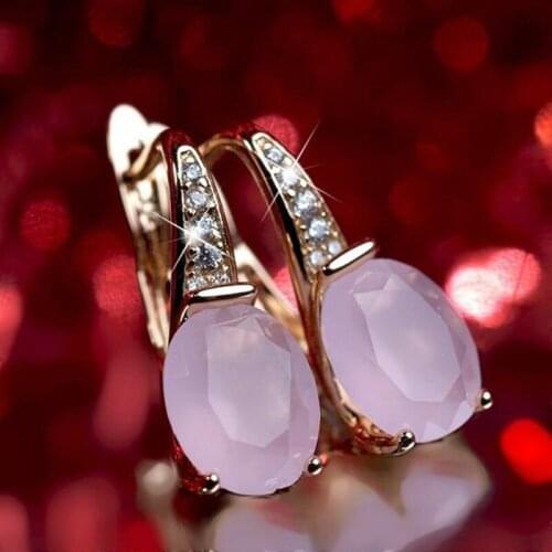 Elegant Pink Crystal Stone Earrings Gold Zircon Hook Clasps Earrings For Women Fashion Wedding Party Jewelry Accessories