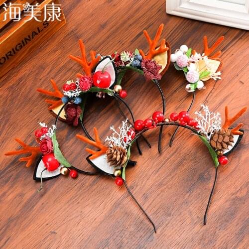 Haimeikang Christmas Hair Hoops Little antlers Headdress Sweet Cute Berry Sen Cat Ears Hairband Flowers Elk Net Red Headband