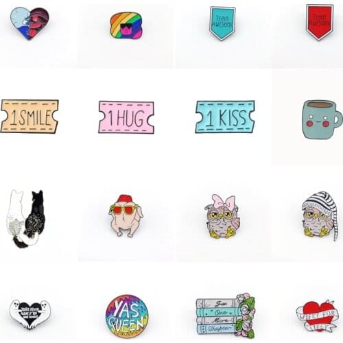 Cartoon Round Mountain Peak plant Enamel Pins black white cat Button Badge red heart Brooch Backpack Jewelry shirt Accessories