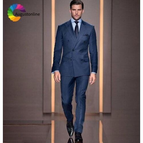 Double Breasted Navy Blue Men Suit Wedding Suits Man Blazer Slim Fit Groom Tuxedo Peaked Lapel 2Piece Ternos Costume Homme